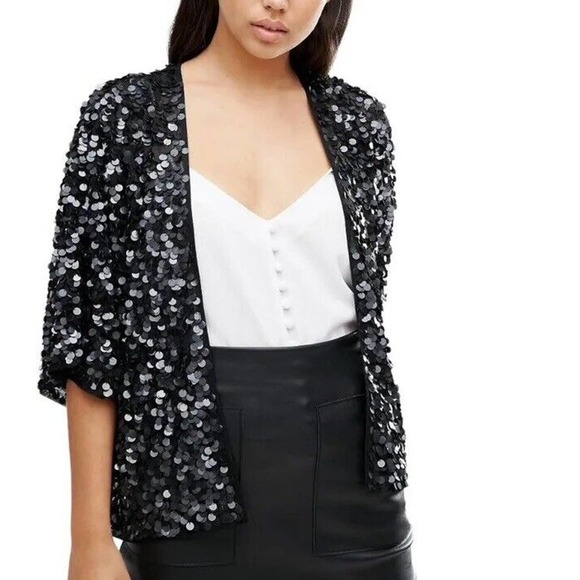 ASOS Sequin Top Jacket Women Size 2 Disc Embellished Black Short Sleeve Party - Picture 2 of 16